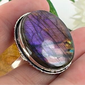 Natural Purple Labradorite Ring Size 9 3/4 Sterling Silver 925 Overlay Boho New